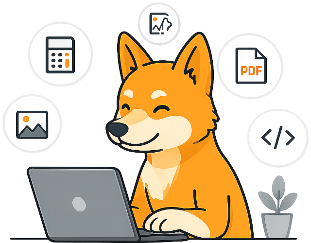 Le dingo de ToolDingo travaille sur un ordinateur portable, entouré d’icônes d’outils